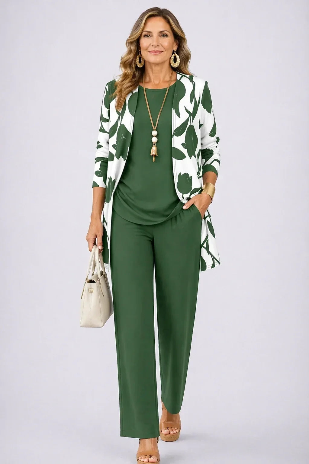 Vivian | Bottle Green Leaf-Print Three-Piece Set