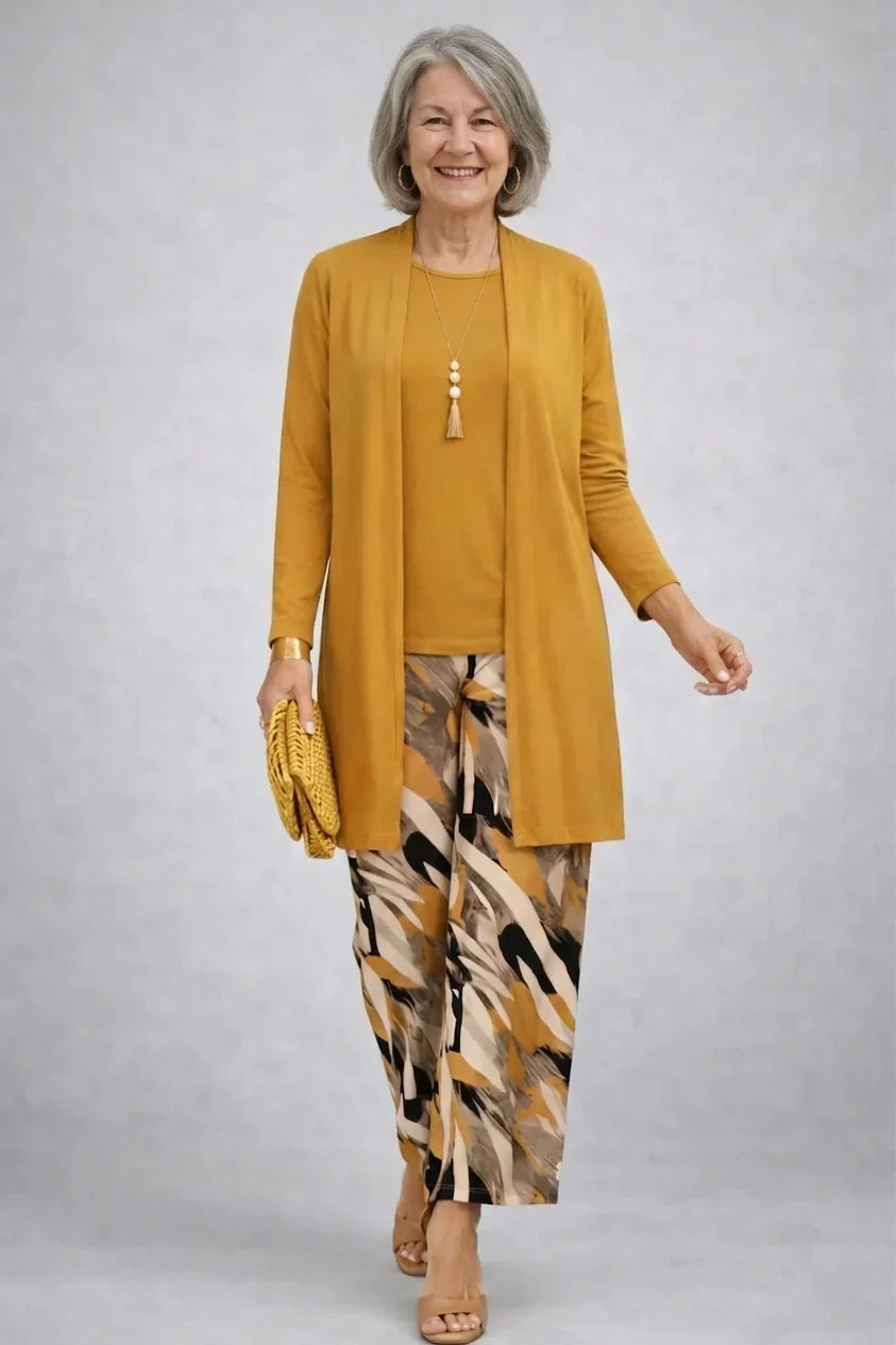 Hannah | Mustard Three-Piece Set with Printed Trousers