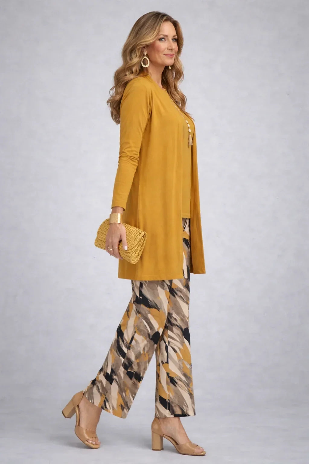 Hannah | Mustard Three-Piece Set with Printed Trousers