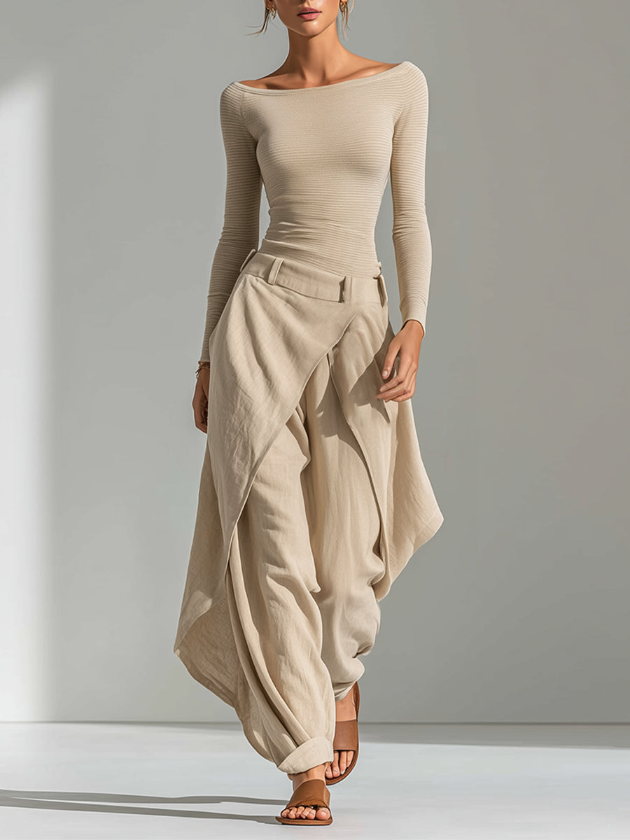 Daphne | Beige Boat-Neck Top and Wide Ruffle Pants