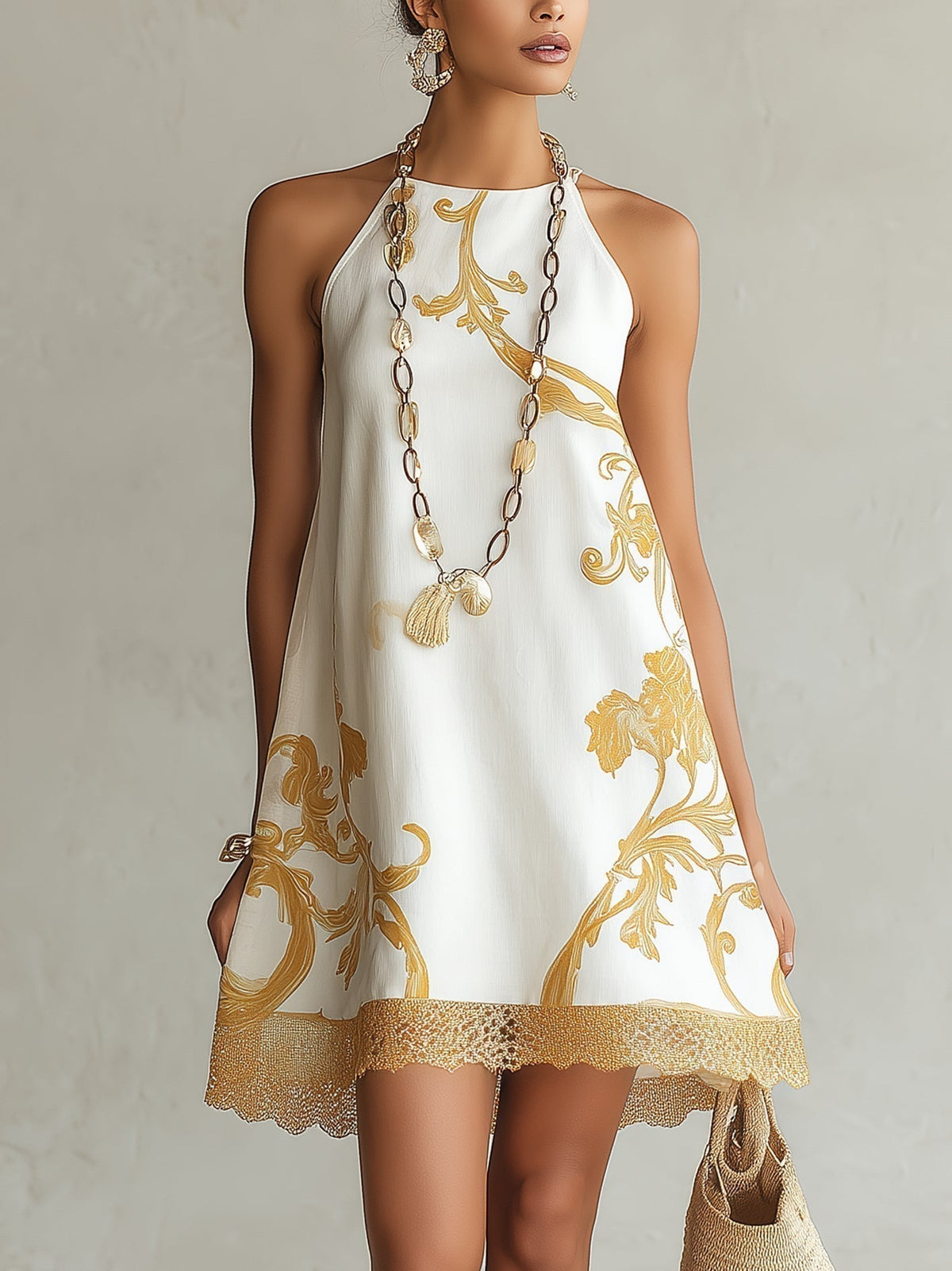 Hailey | Mini Dress in White Lace with Golden Patterns