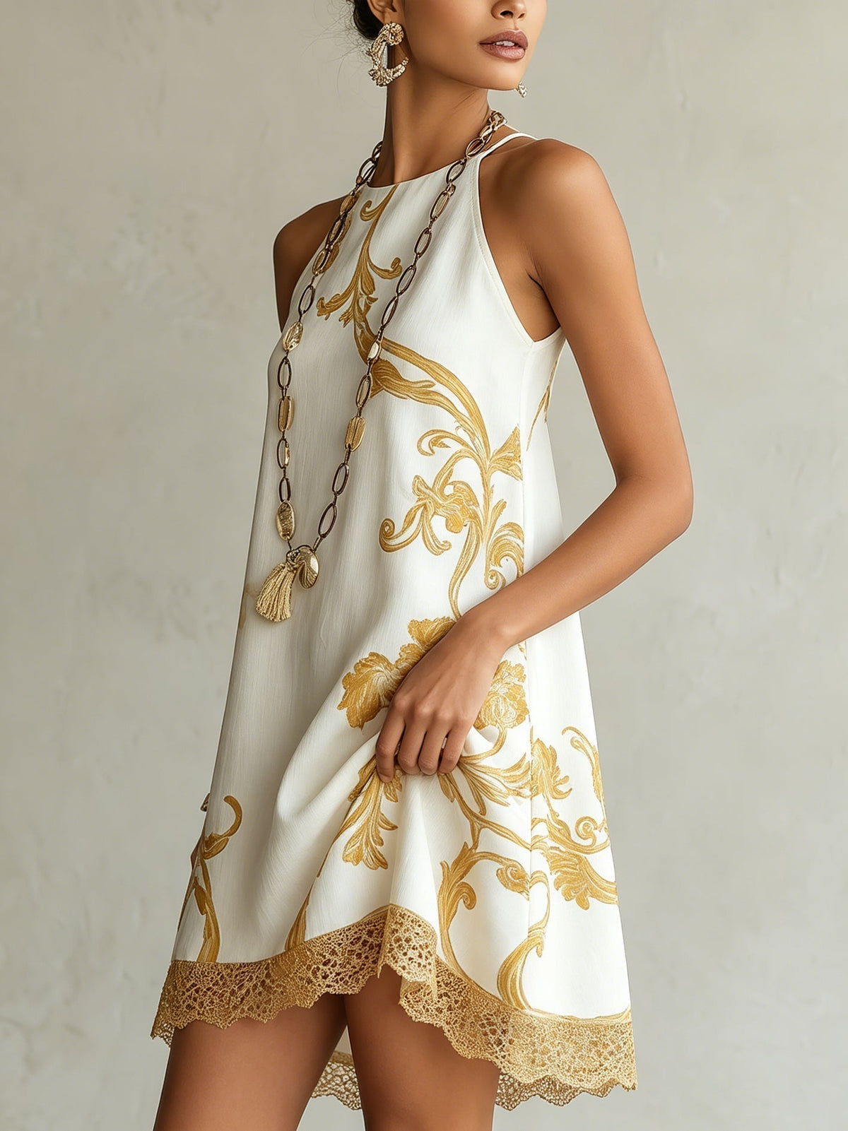 Hailey | Mini Dress in White Lace with Golden Patterns