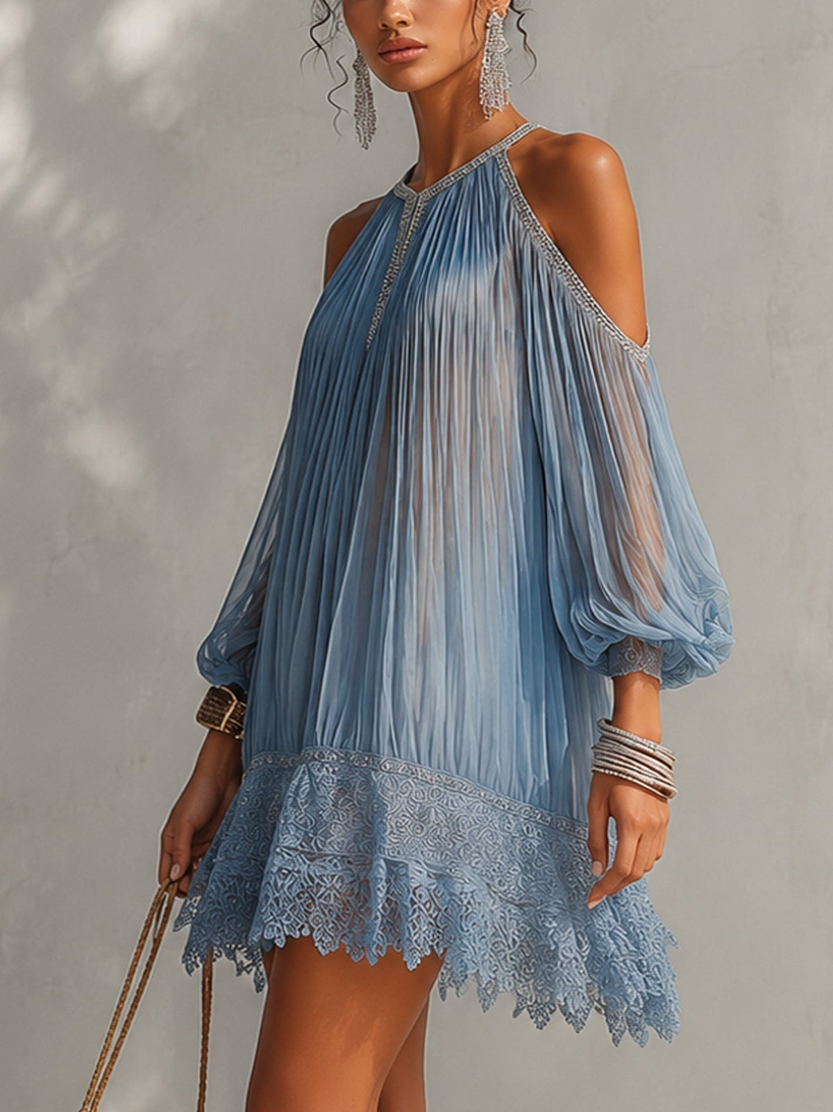 Celeste | Mini Blue Dress with Off-Shoulder Ruching and Lace Trim