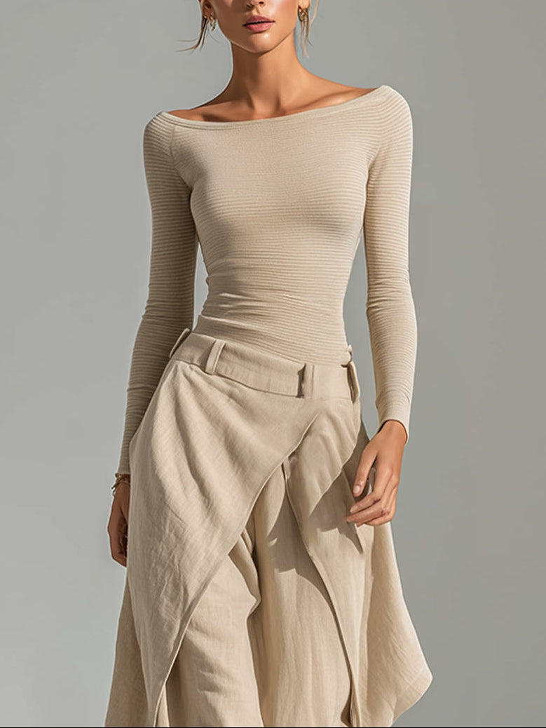 Daphne | Beige Boat-Neck Top and Wide Ruffle Pants