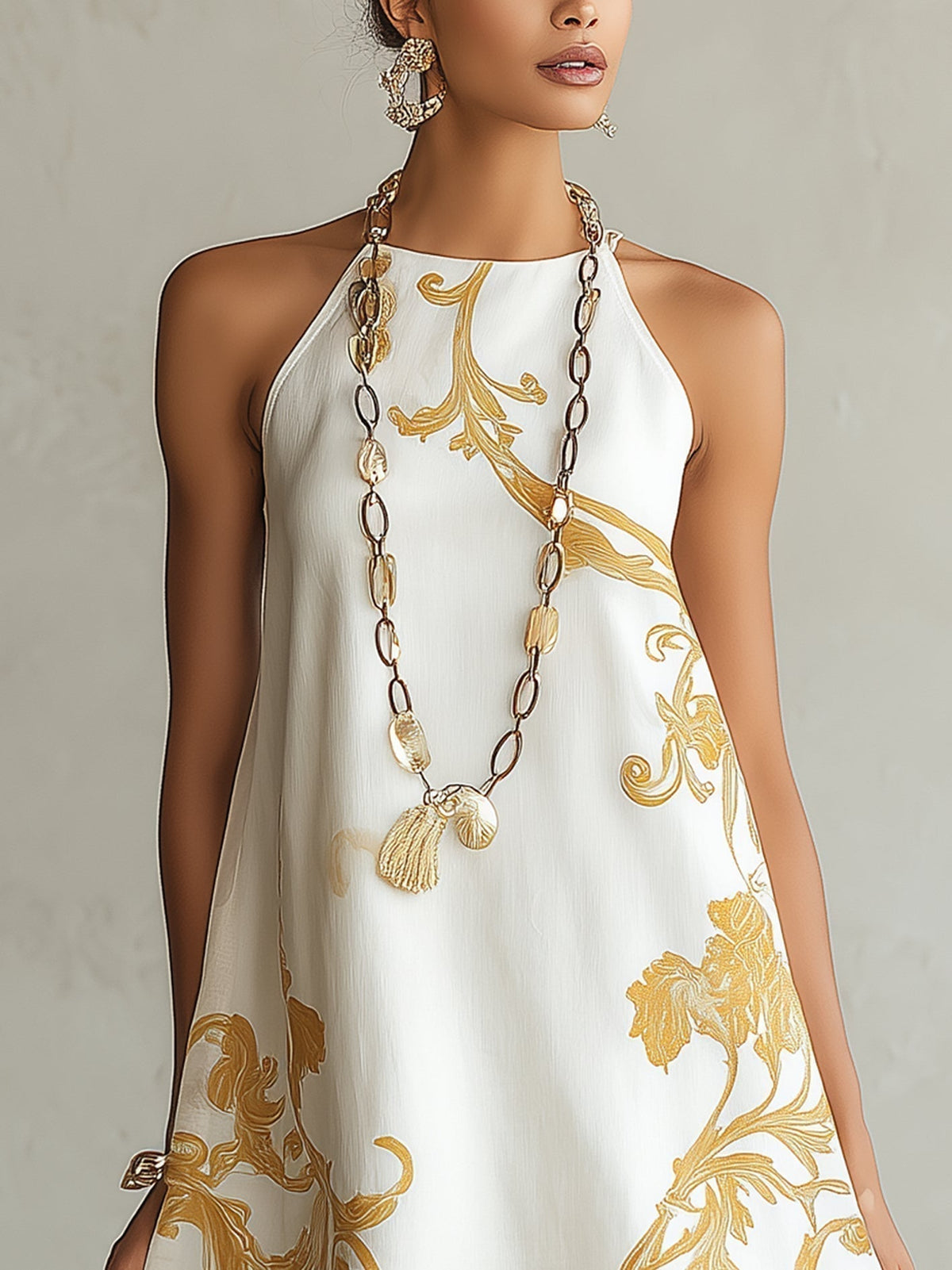 Hailey | Mini Dress in White Lace with Golden Patterns