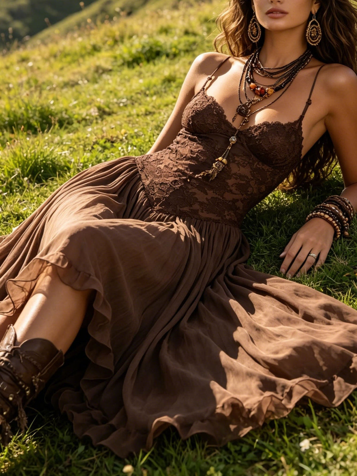 Dark Brown Chiffon Maxi Dress with Lace Panels