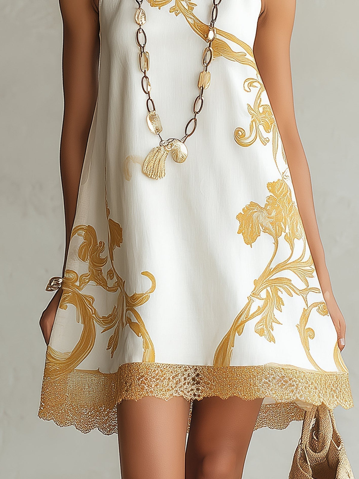 Hailey | Mini Dress in White Lace with Golden Patterns