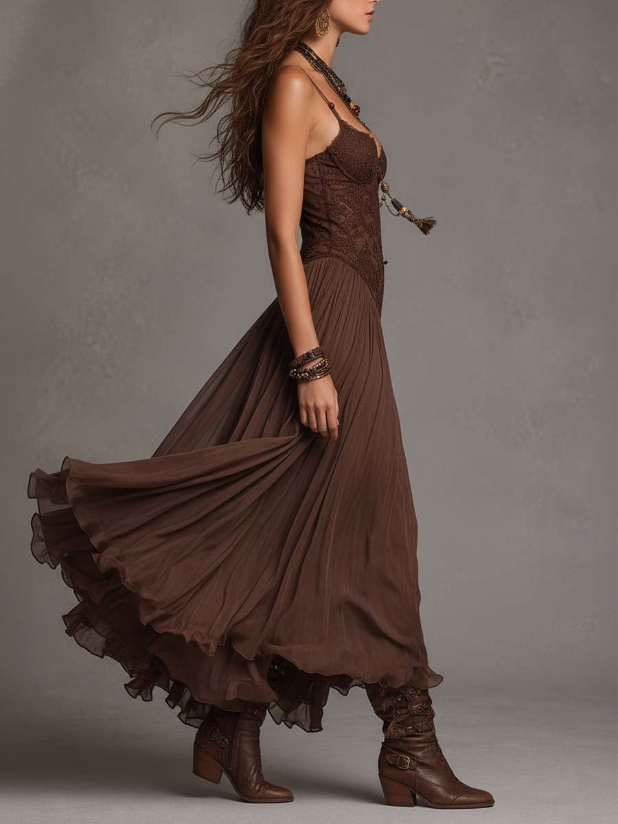 Dark Brown Chiffon Maxi Dress with Lace Panels