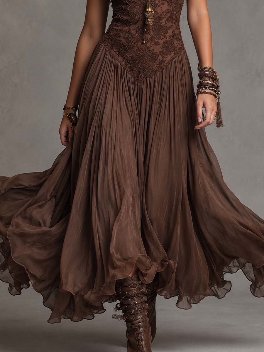 Dark Brown Chiffon Maxi Dress with Lace Panels