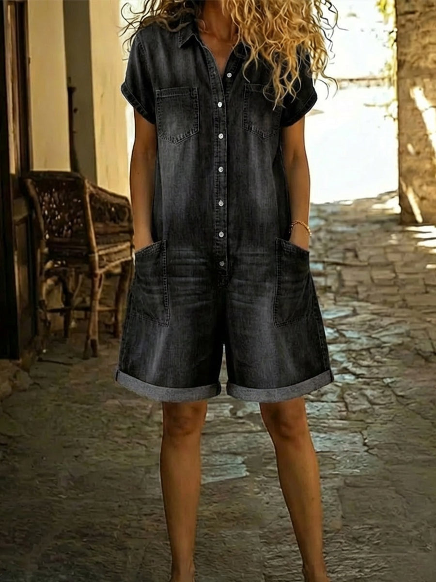 Isabela - Tuta in denim con bottoni frontali
