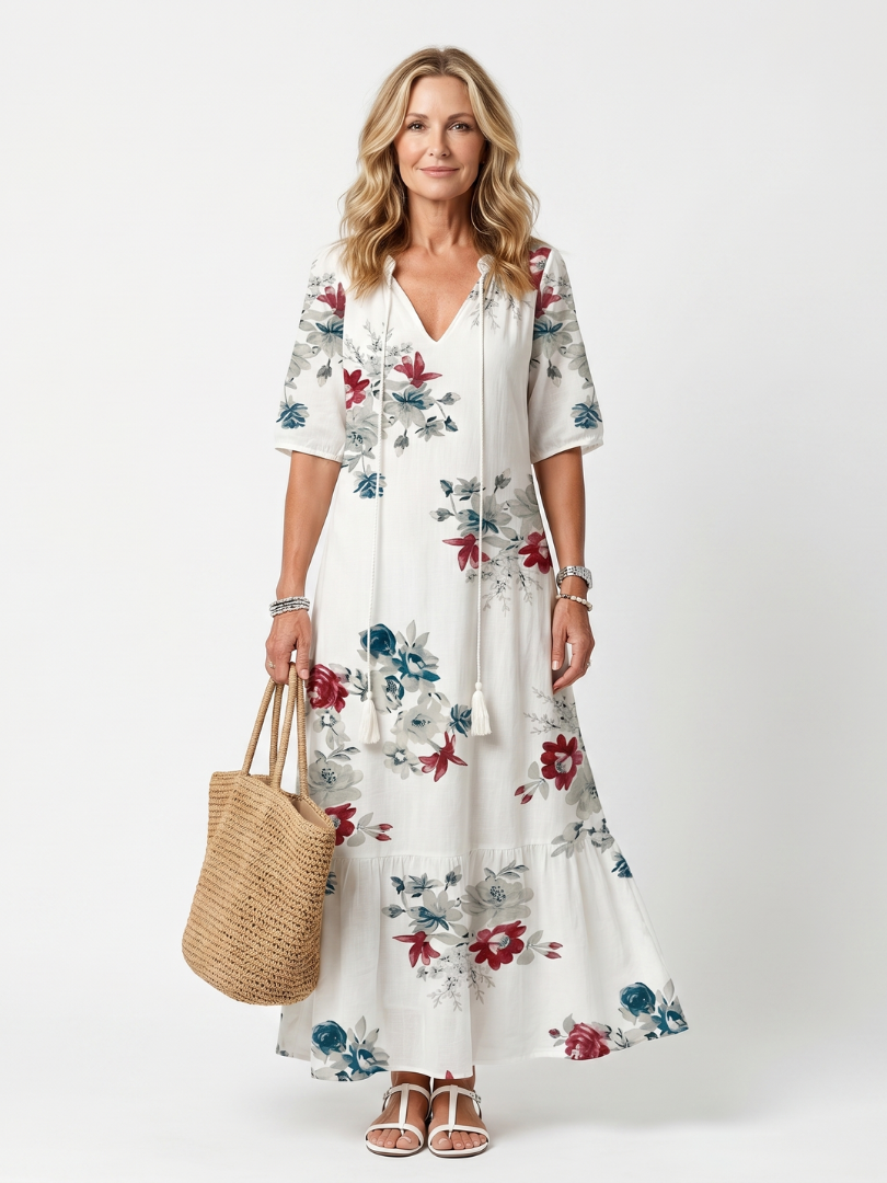 Madison | Scattered Floral Tassel-Tie Midi Dress