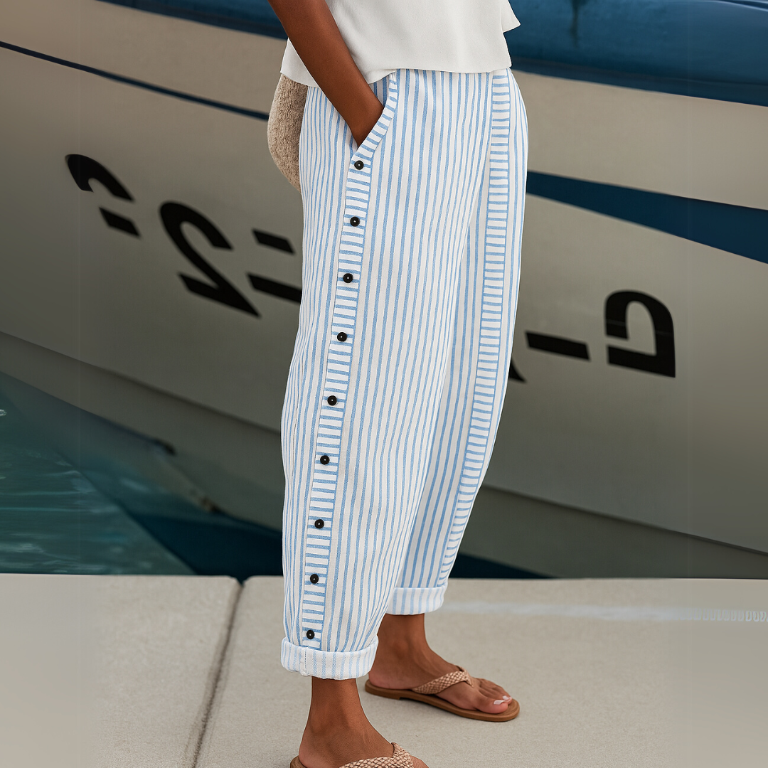 Caitlin | Striped Trousers with Button Detail