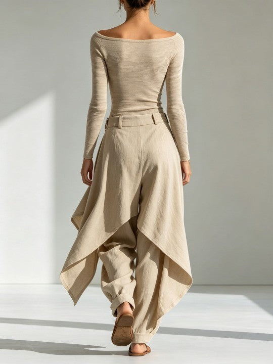 Daphne | Beige Boat-Neck Top and Wide Ruffle Pants