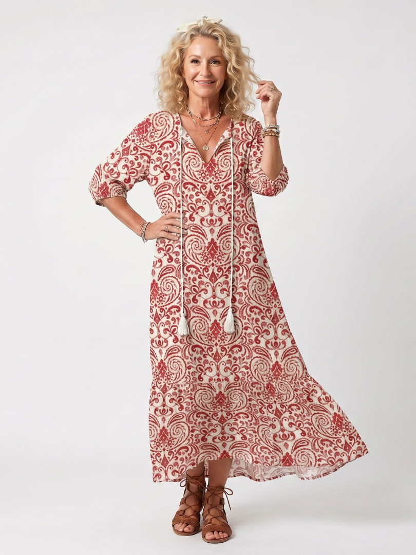 Noelle | Ornate Print Tassel-Tie Midi Dress