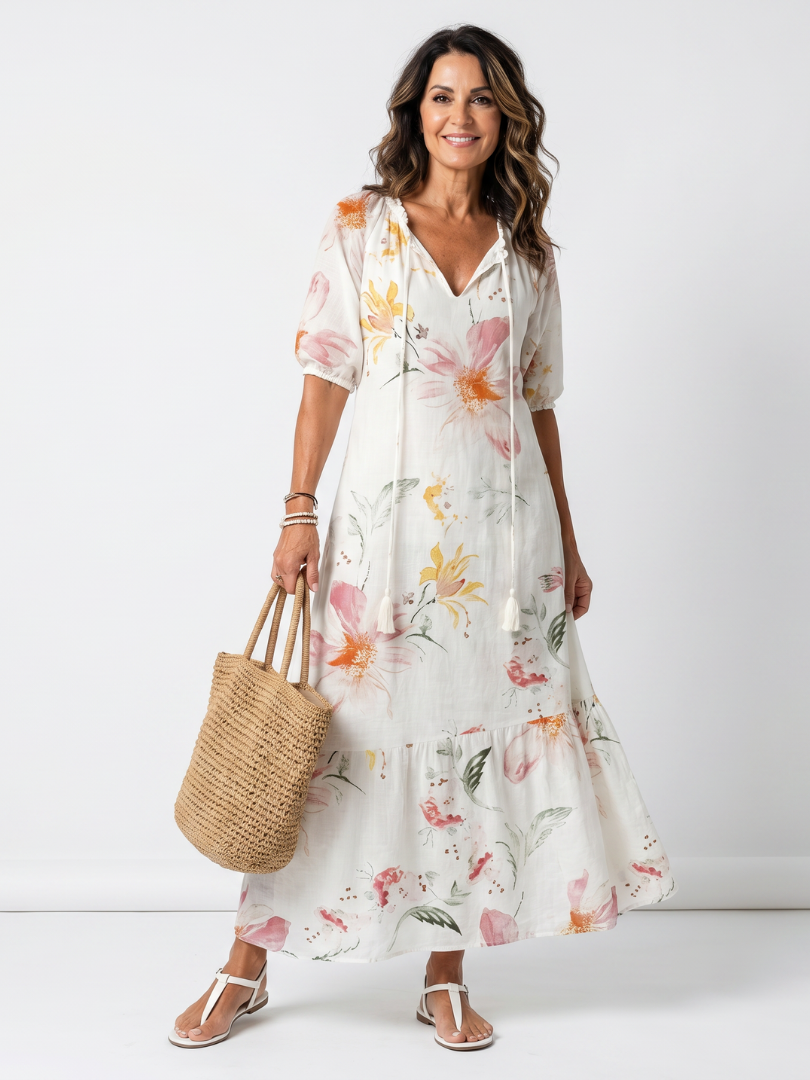 Nora | Soft Floral Tiered Tassel Midi Dress