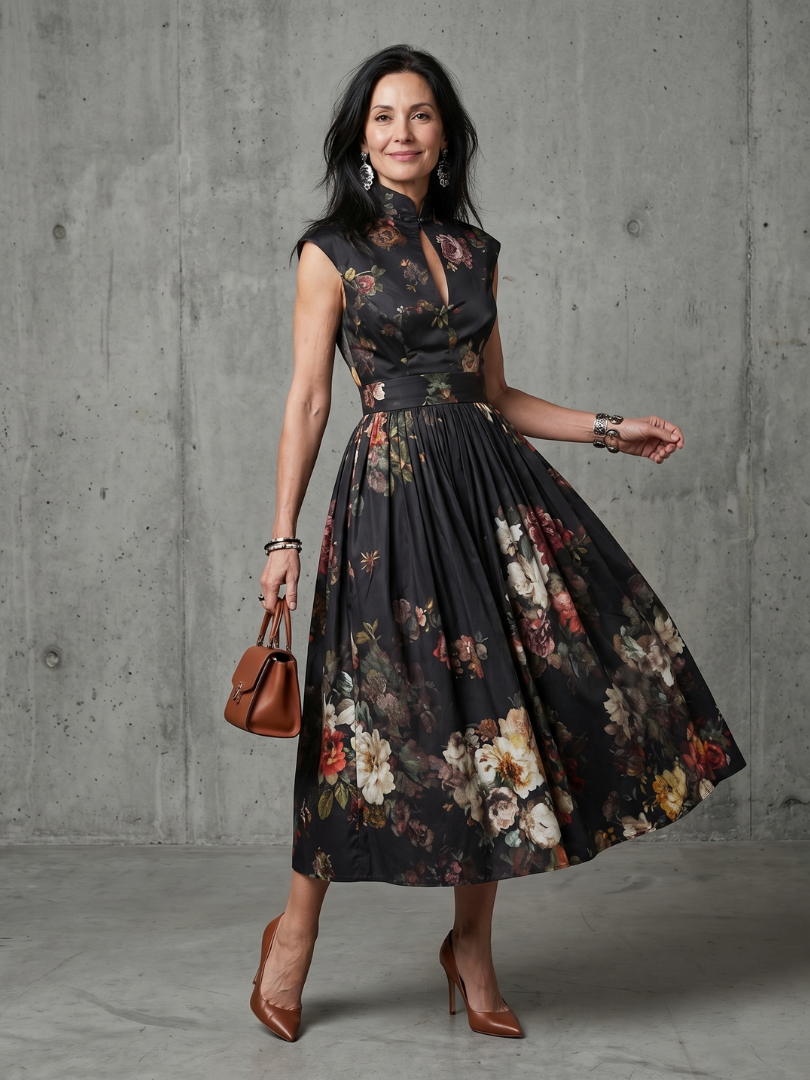 Greta | Pleated Floral Midi Dress with Keyhole Neck