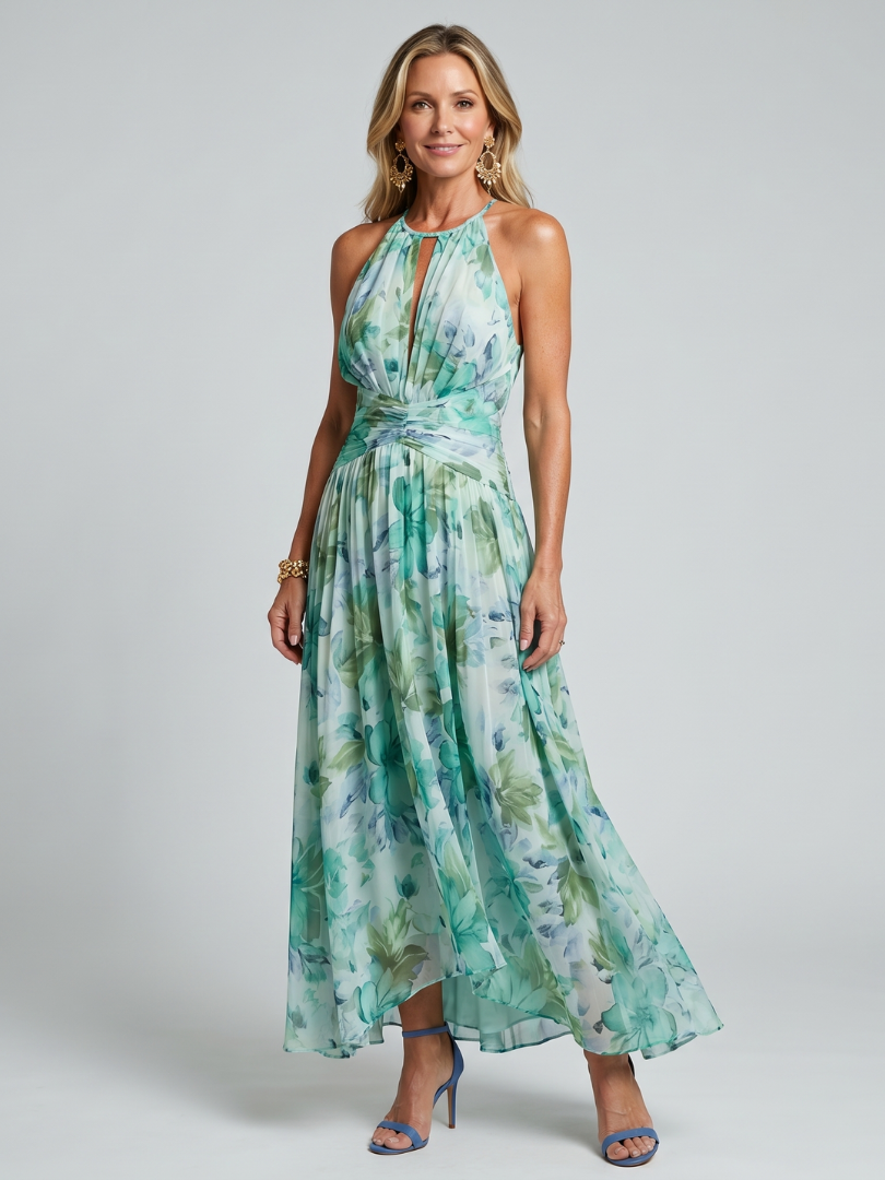 Portia | Pleated Halter Floral Maxi Dress