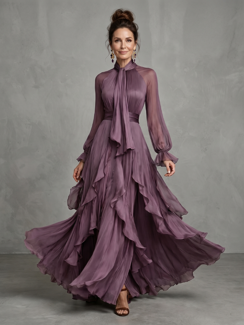 Demetria | Bow Neck Ruffle Maxi Dress