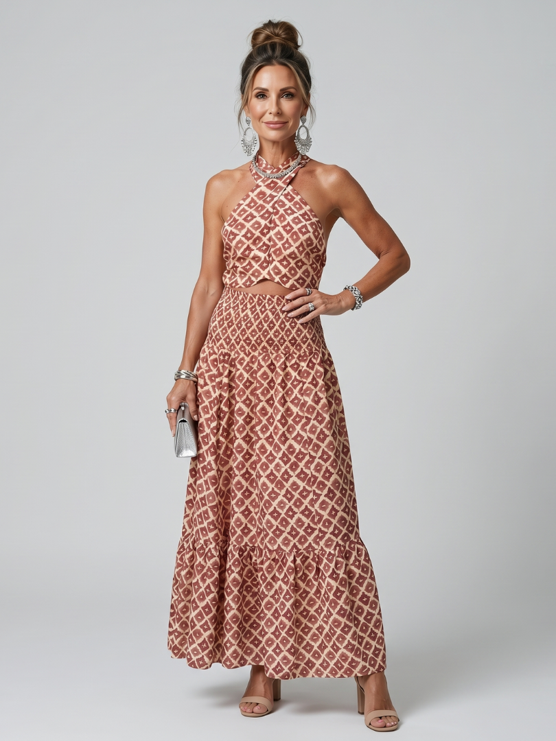 Amira | Crossover Neck Geometric Midi Dress