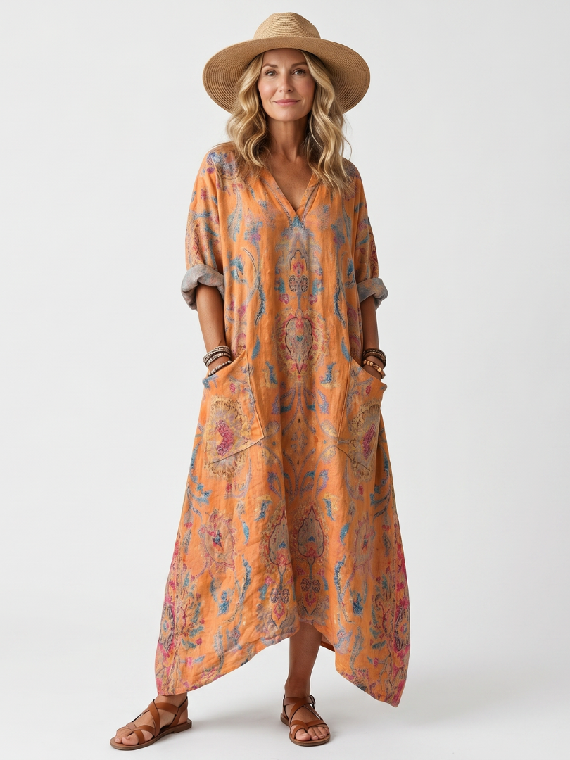 Remi | Notch-Neck Printed Oversized Pocket Midi Dress