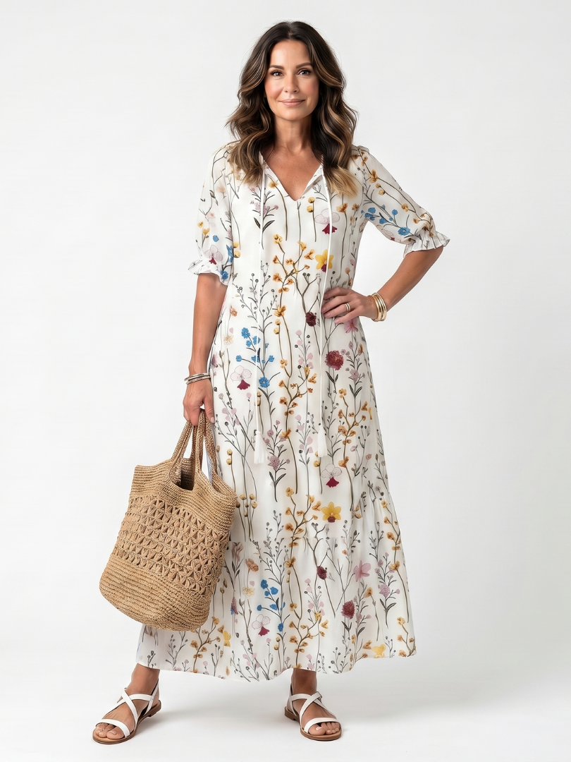 Sylvia | Botanical Print Tassel-Tie Midi Dress