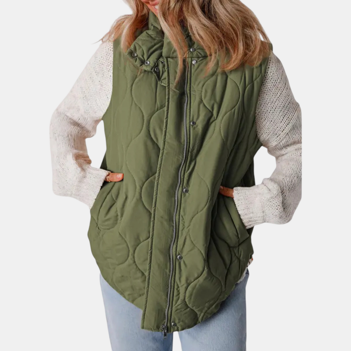 Gilet Piumino da Donna Trapuntato con Zip e Bottoni a Pressione senza Maniche