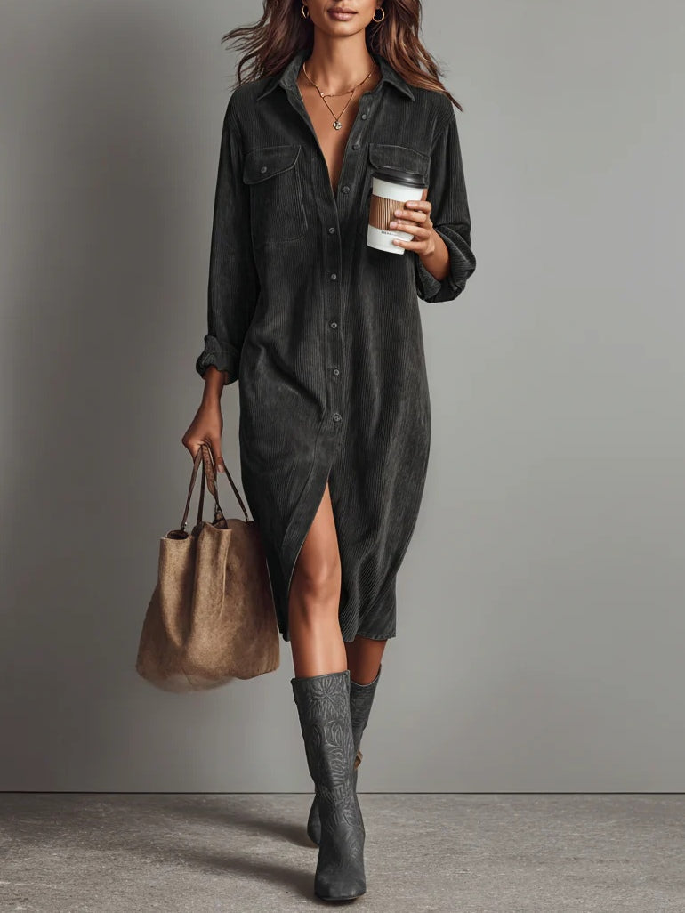 Beatrice | Midi Dress in Corduroy with Pockets and Simple Button Closure