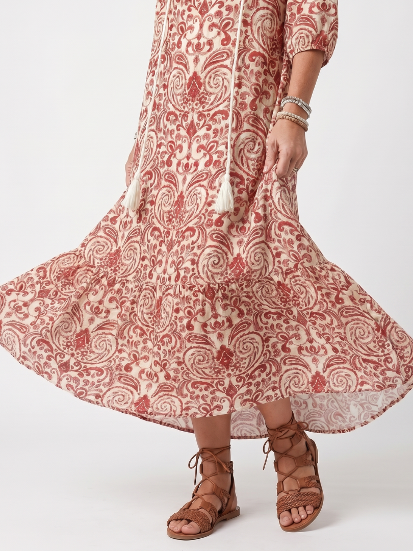 Noelle | Ornate Print Tassel-Tie Midi Dress