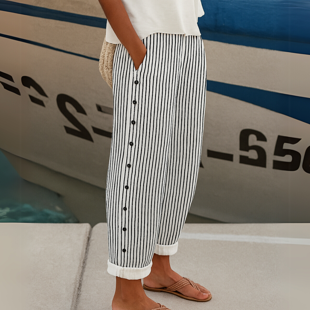 Caitlin | Striped Trousers with Button Detail