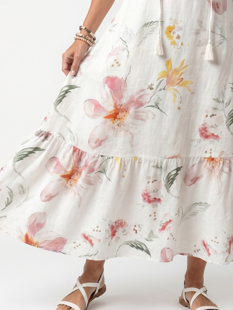 Nora | Soft Floral Tiered Tassel Midi Dress
