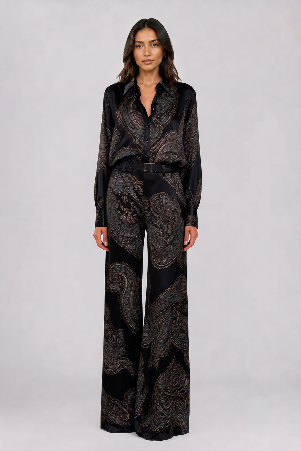 Naomi Paisley Shirt & Wide-Leg Pants Set | Black Paisley