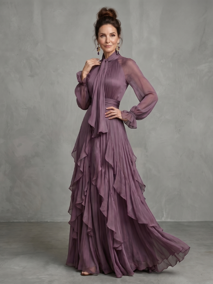 Demetria | Bow Neck Ruffle Maxi Dress