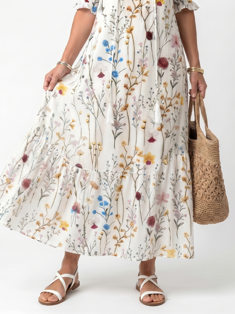 Sylvia | Botanical Print Tassel-Tie Midi Dress
