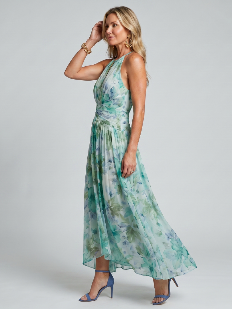 Portia | Pleated Halter Floral Maxi Dress