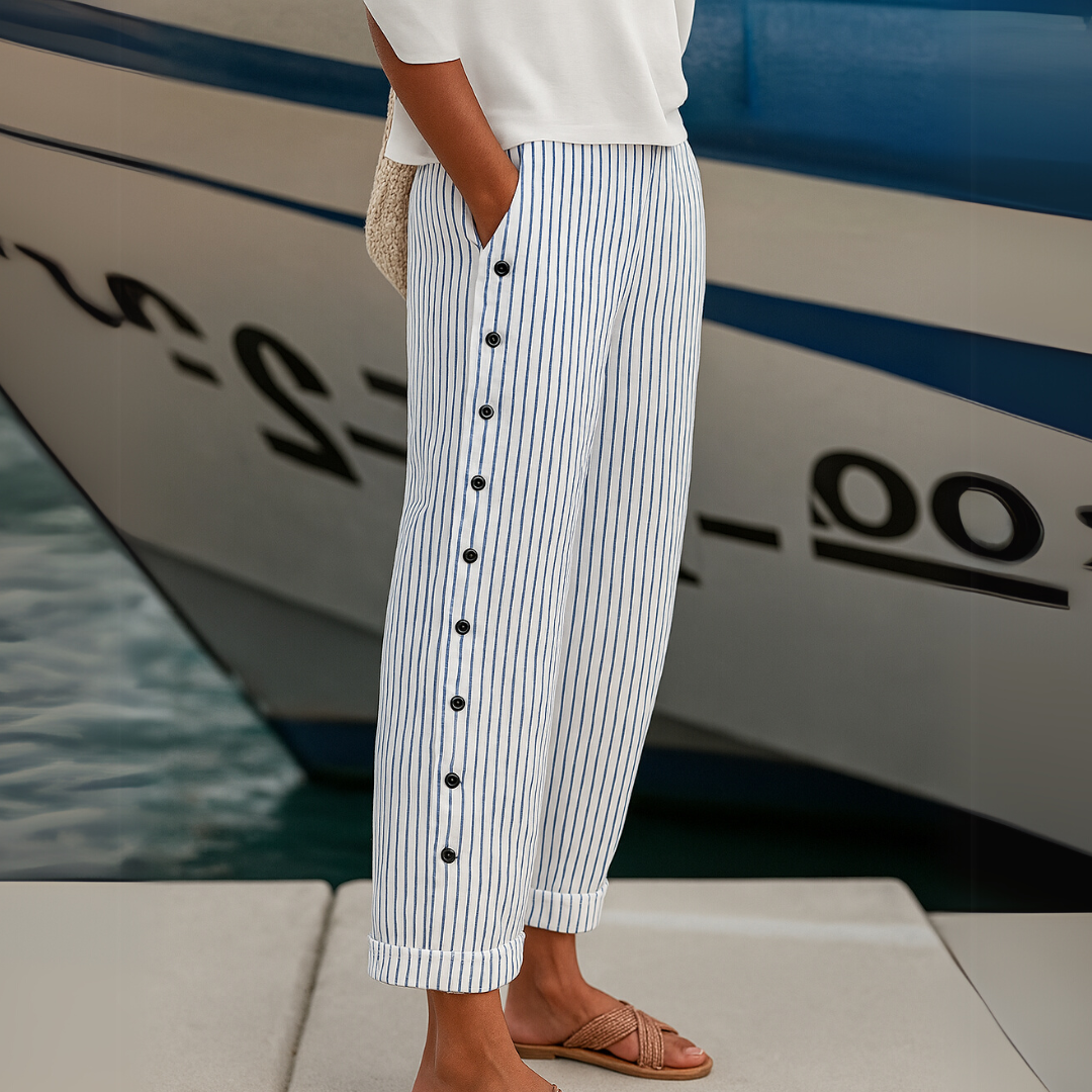 Caitlin | Striped Trousers with Button Detail