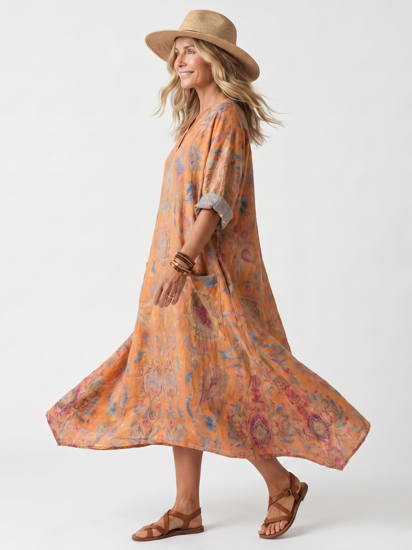 Remi | Notch-Neck Printed Oversized Pocket Midi Dress