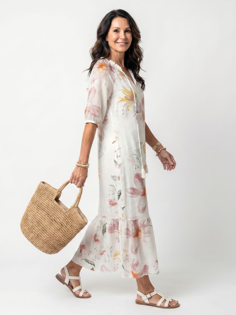 Nora | Soft Floral Tiered Tassel Midi Dress