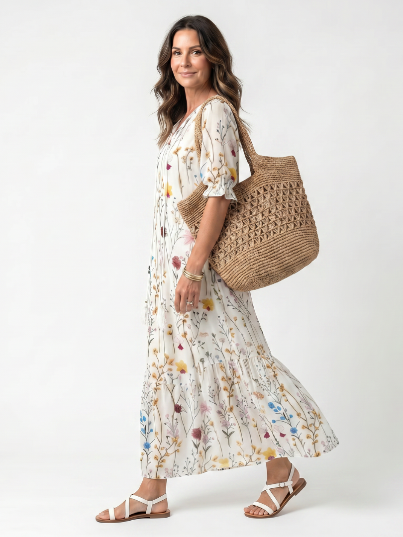 Sylvia | Botanical Print Tassel-Tie Midi Dress
