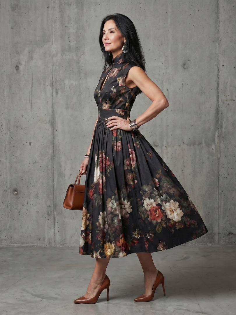 Greta | Pleated Floral Midi Dress with Keyhole Neck