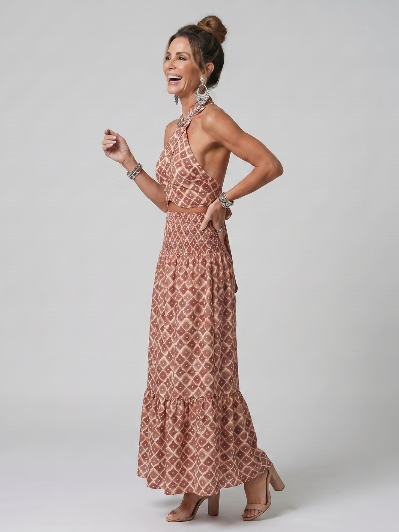 Amira | Crossover Neck Geometric Midi Dress