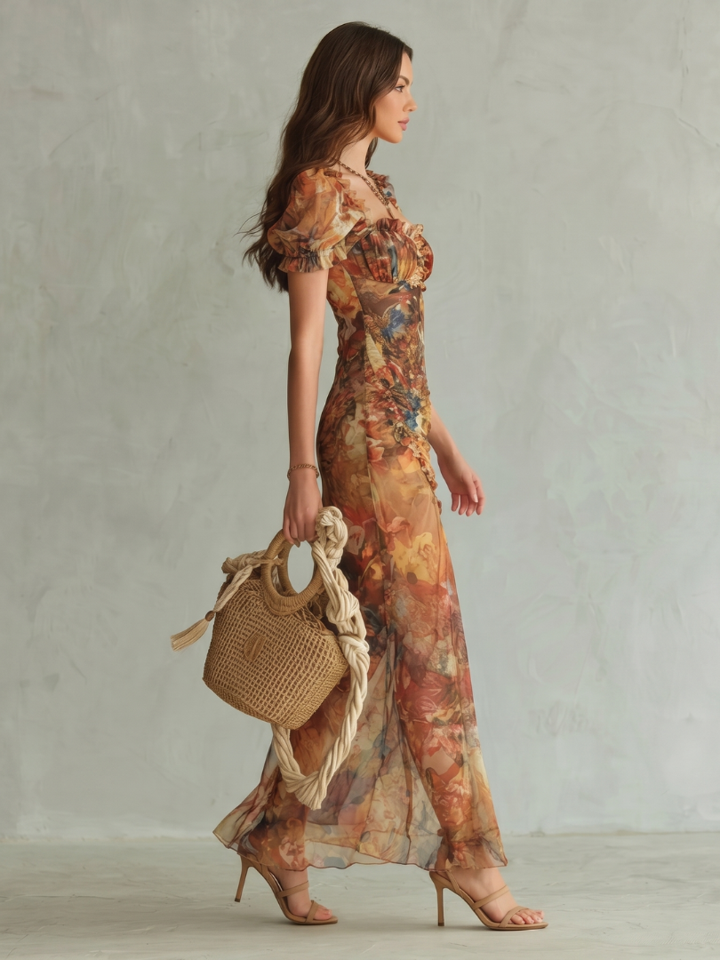 Elodie | Gathered Midi Dress with Flounce Sleeves