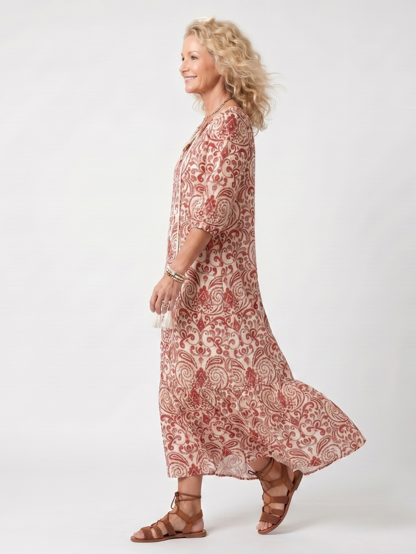 Noelle | Ornate Print Tassel-Tie Midi Dress