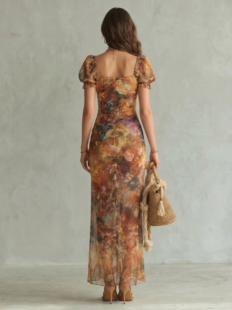 Elodie | Gathered Midi Dress with Flounce Sleeves