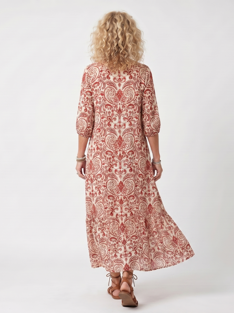 Noelle | Ornate Print Tassel-Tie Midi Dress