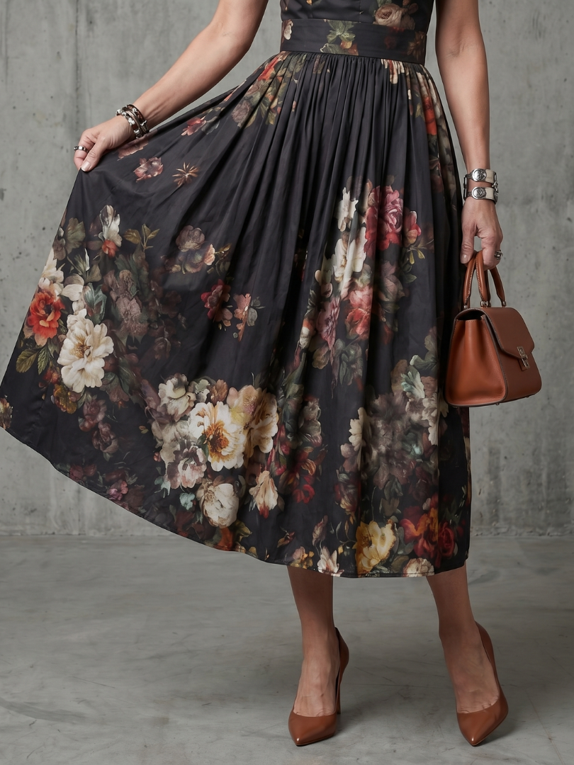 Greta | Pleated Floral Midi Dress with Keyhole Neck