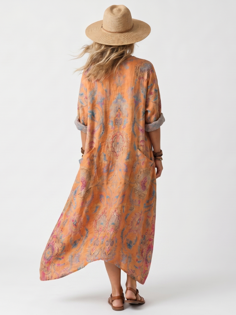 Remi | Notch-Neck Printed Oversized Pocket Midi Dress