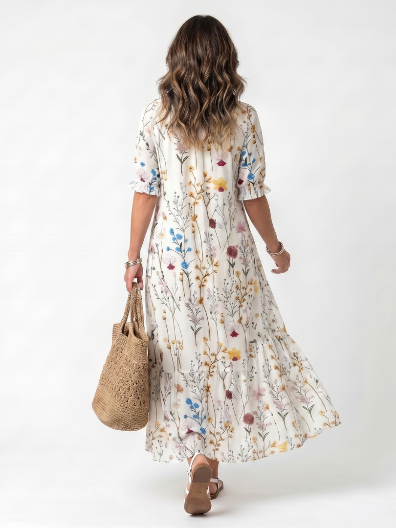 Sylvia | Botanical Print Tassel-Tie Midi Dress
