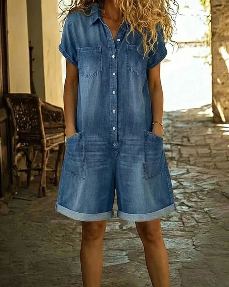 Isabela - Tuta in denim con bottoni frontali