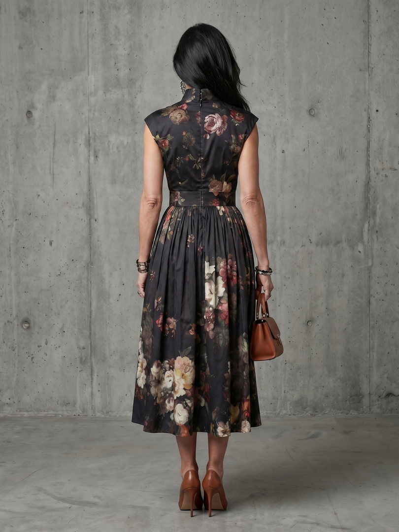 Greta | Pleated Floral Midi Dress with Keyhole Neck