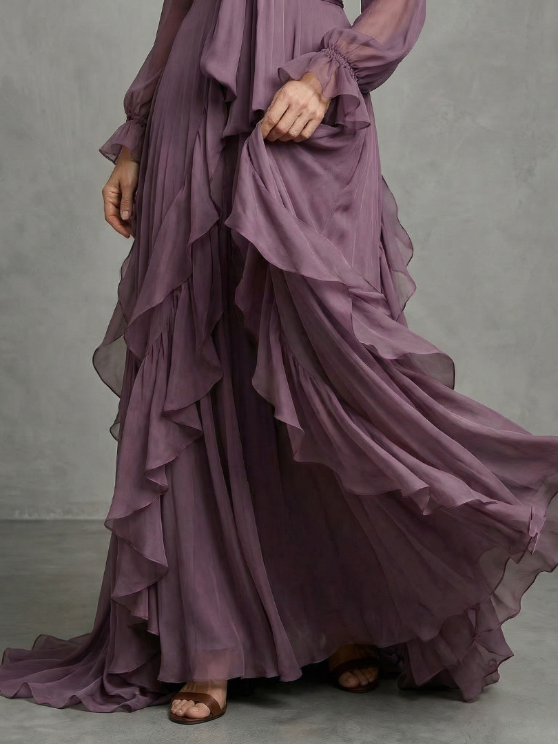 Demetria | Bow Neck Ruffle Maxi Dress